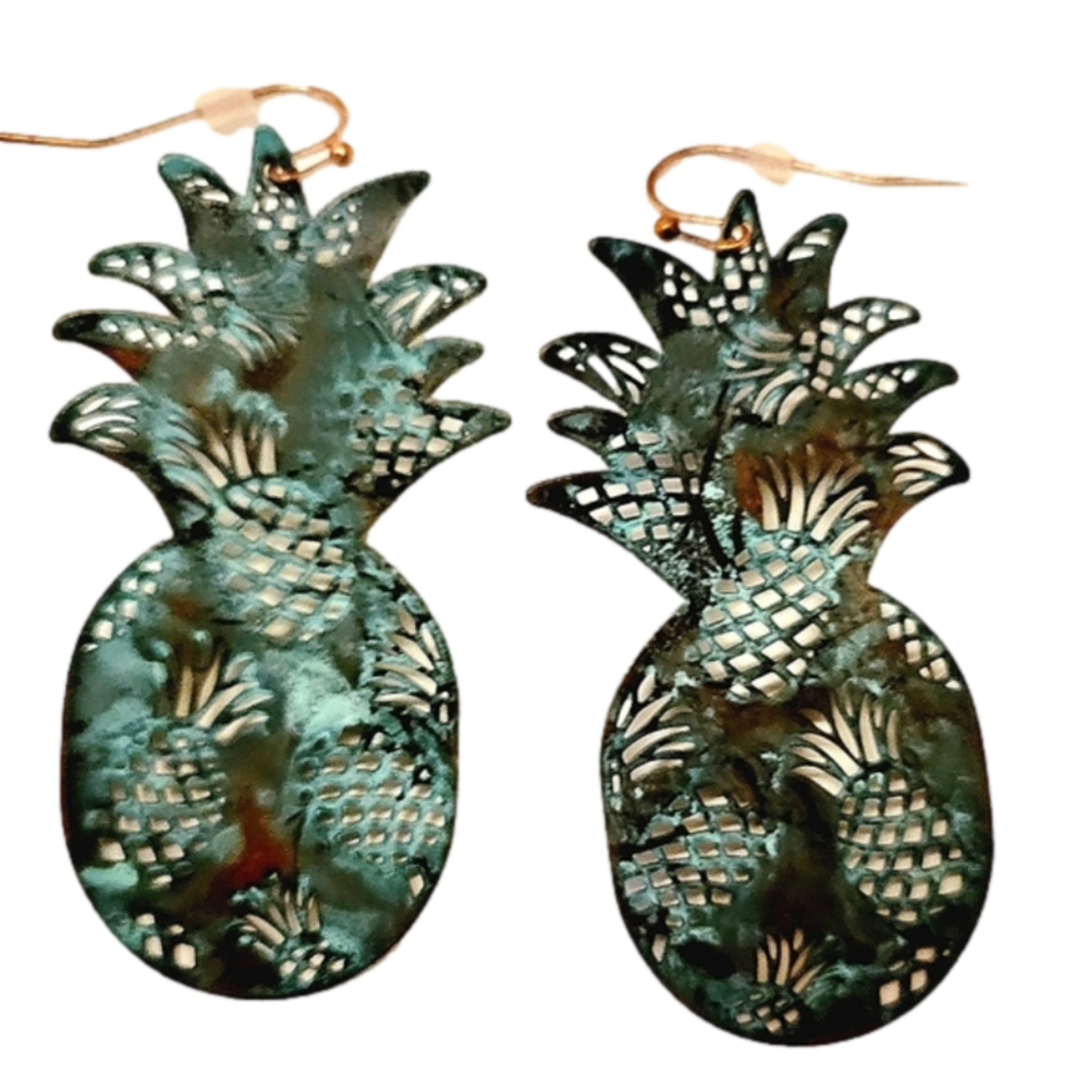 Turquoise Distressed Rustic Metal Pineapple Earrings